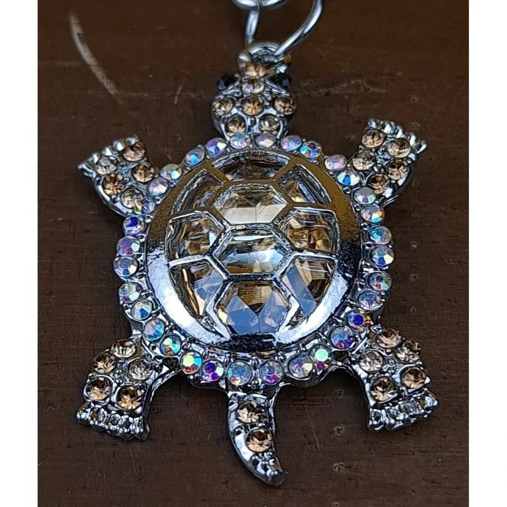 Turtle Gold Rhinestone Crystal Silver‎ Tone Keychain Backpack Purse Clip